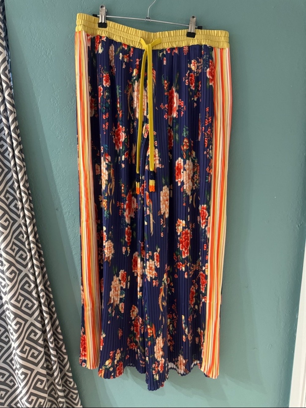 FARM Rio Navy Floral Wide-Leg Pants with Yellow Trim